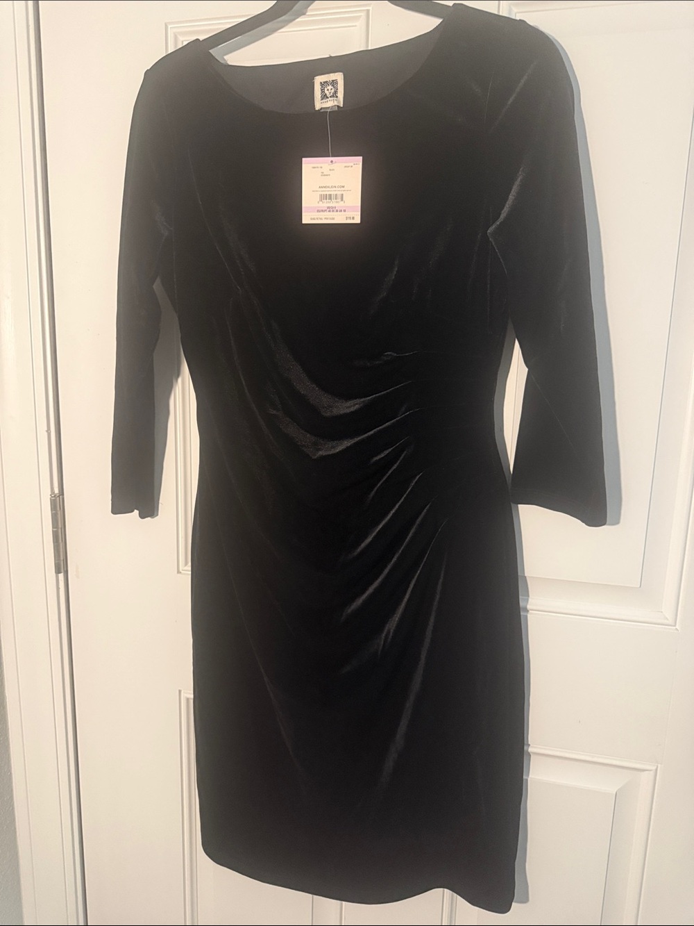 Anne Klein Black Velvet Ruched Long Sleeve Sheath Dress